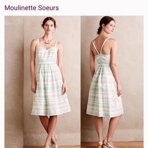 NWT MOULINETTE SOEURS Mint Cream Striped Midi Dress with Lace Anthropologie xs 0